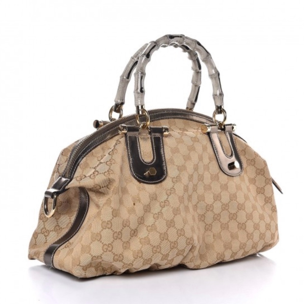 Gucci Authentic Pre Owned Bamboo Handle GG Canvas Bag with Metallic Accent.